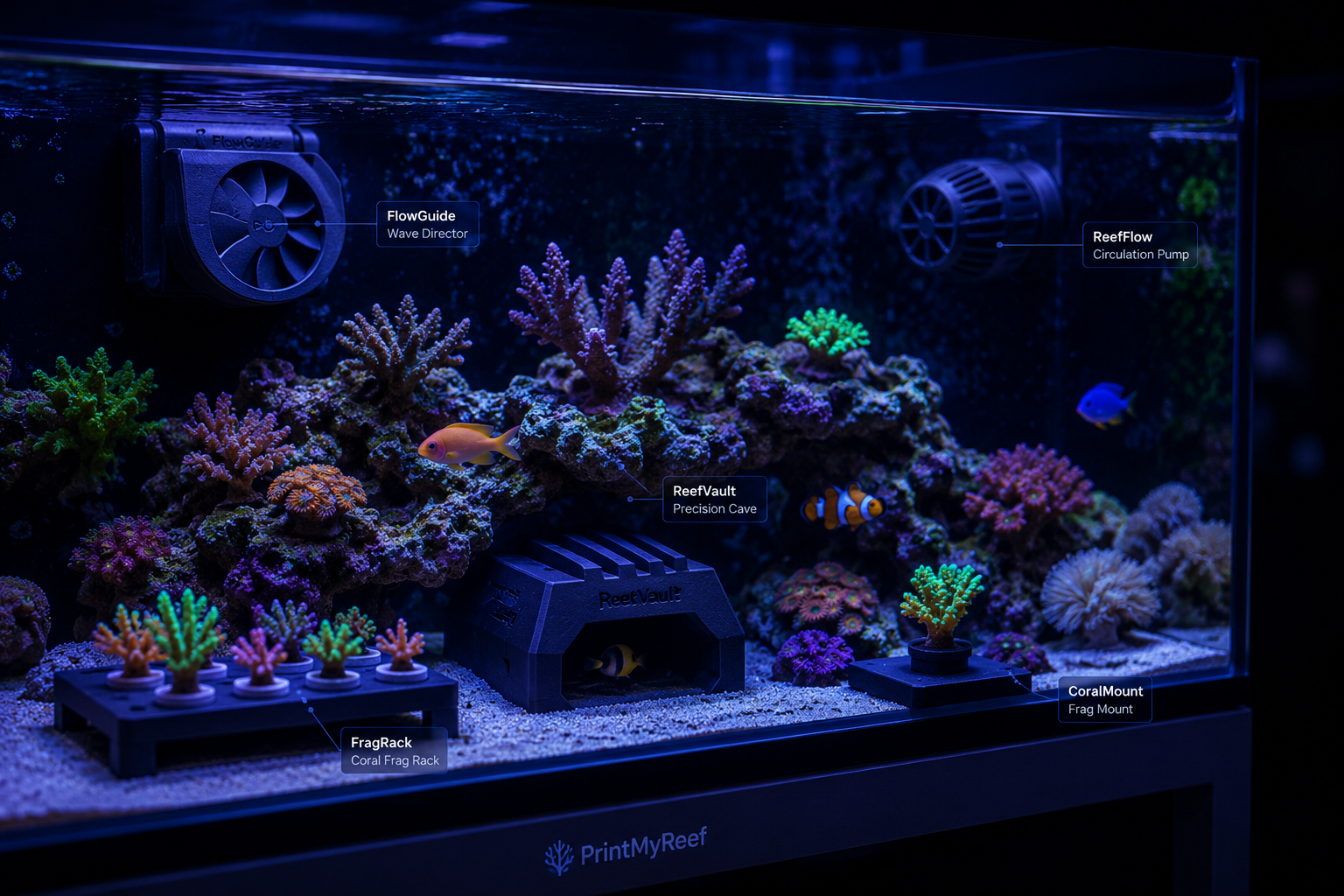 Modern reef tank featuring PrintMyReef accessories